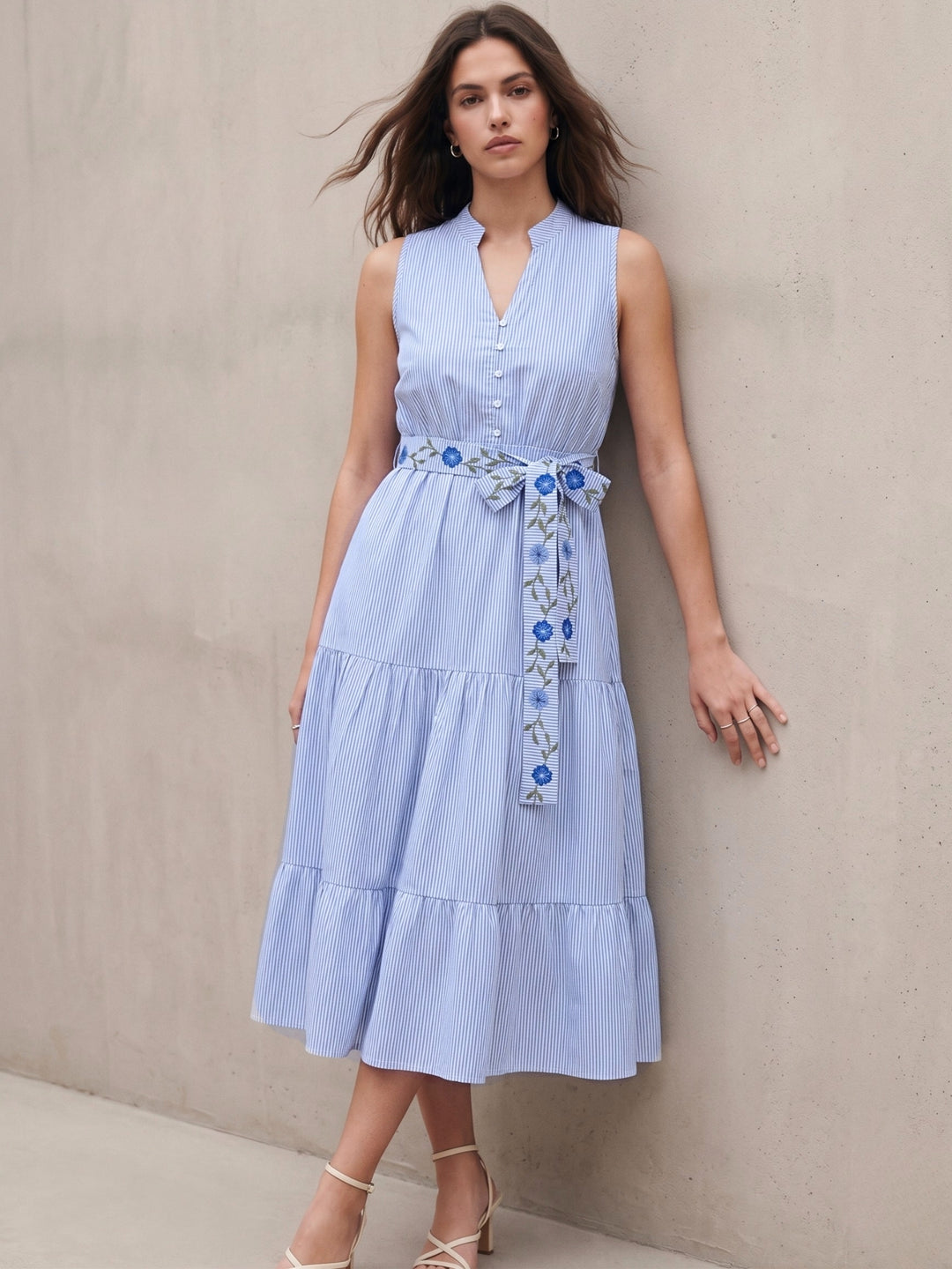 Blue Flared Tiered Stripe Shirt Dress With Embroidered Belt