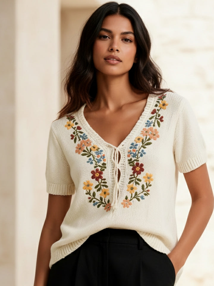 White Short Sleeve Embroidered Top