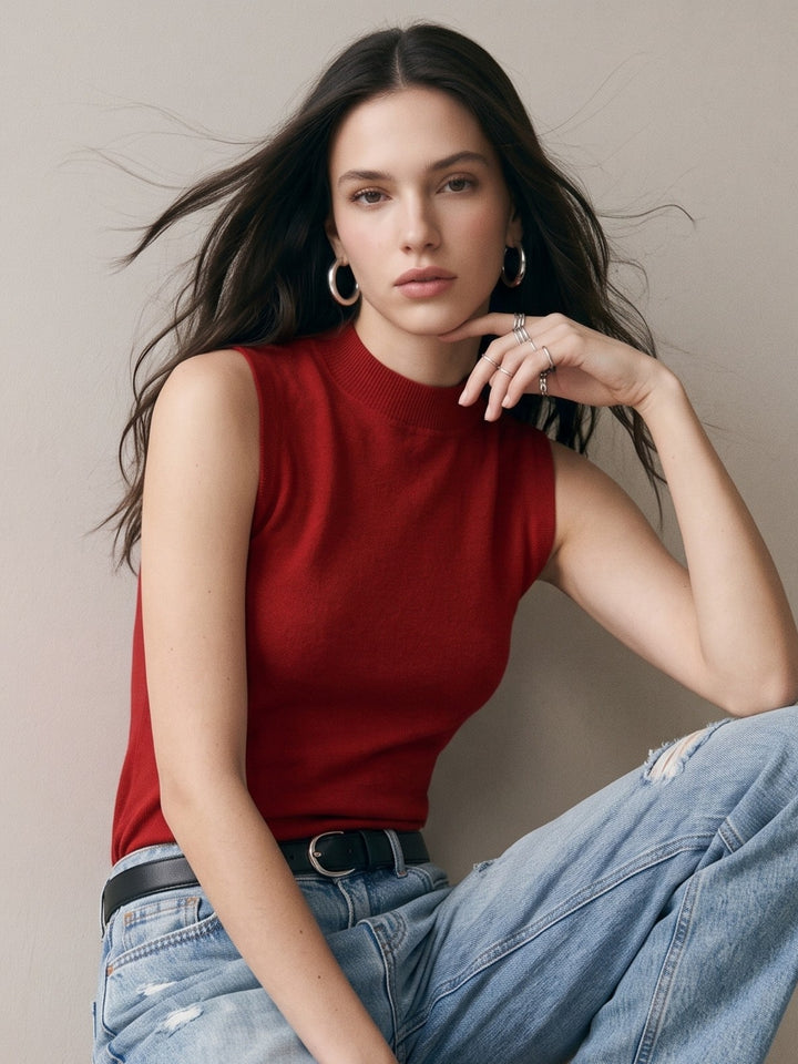 Red High Neck Tank Top