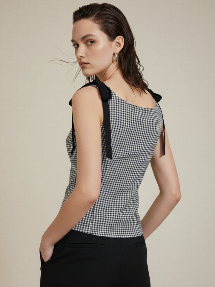 Black Boat Neck Ghingham Knotted Bow Top