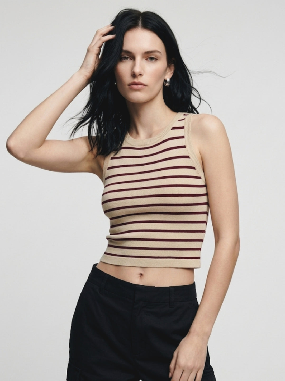 Beige Sleeveless Striped Tank