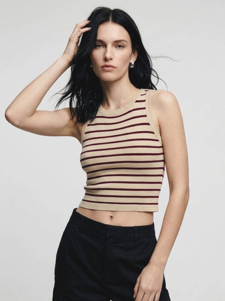 Beige Sleeveless Striped Tank