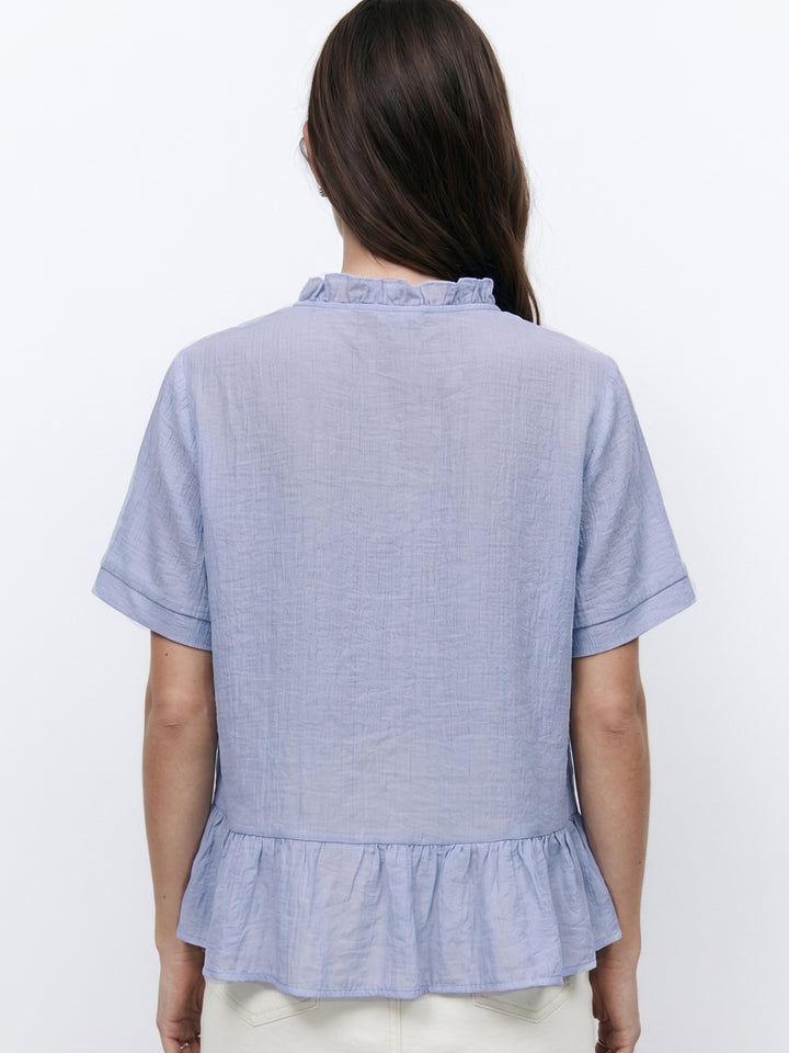 Light Blue Ruffle Neck Front Tie-Up Layered Top
