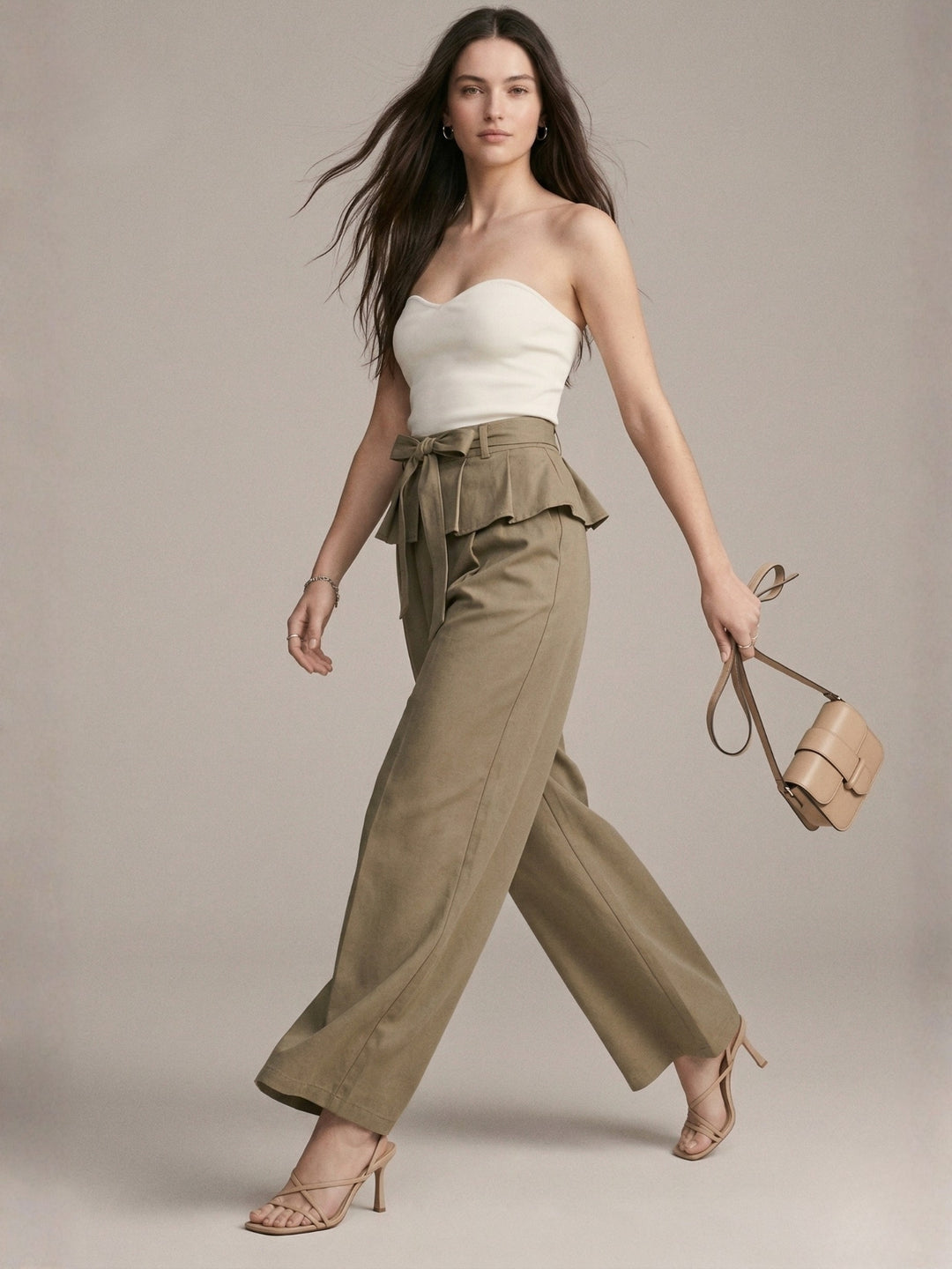 Khaki High Waist Trouser With Skirt Detail