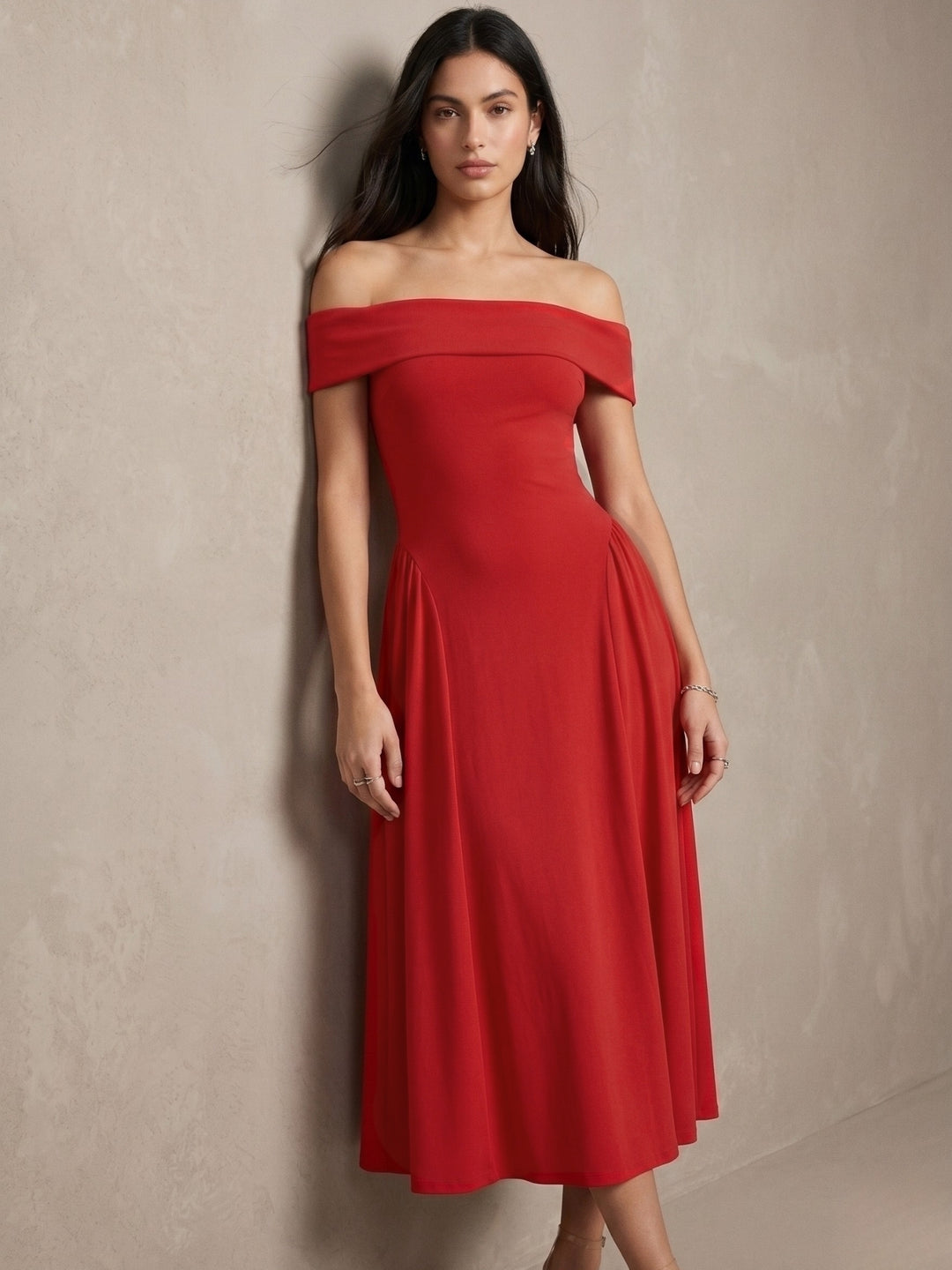 Red Off Shoulder Tailored Flouncy Dress