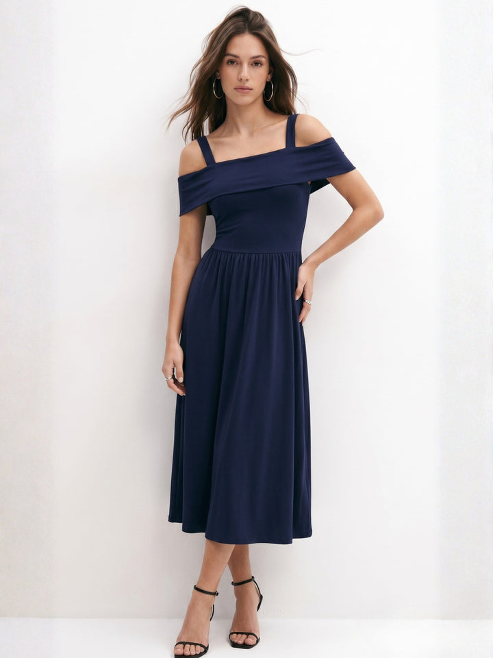 Navy Blue Cold Shoulder Fit & Flare Dress