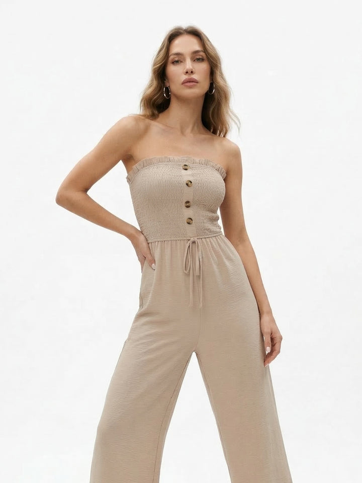 Peach Tube Front Buttoned Solid Jumpsuit