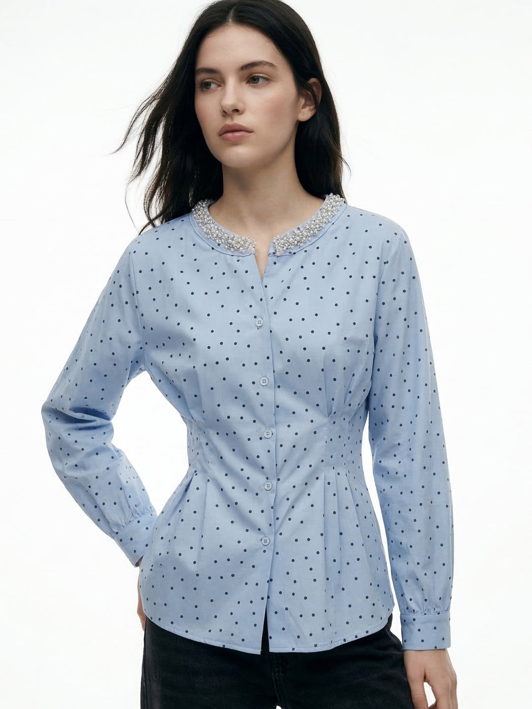 Light Blue Waist Fitted Stone Studded Top
