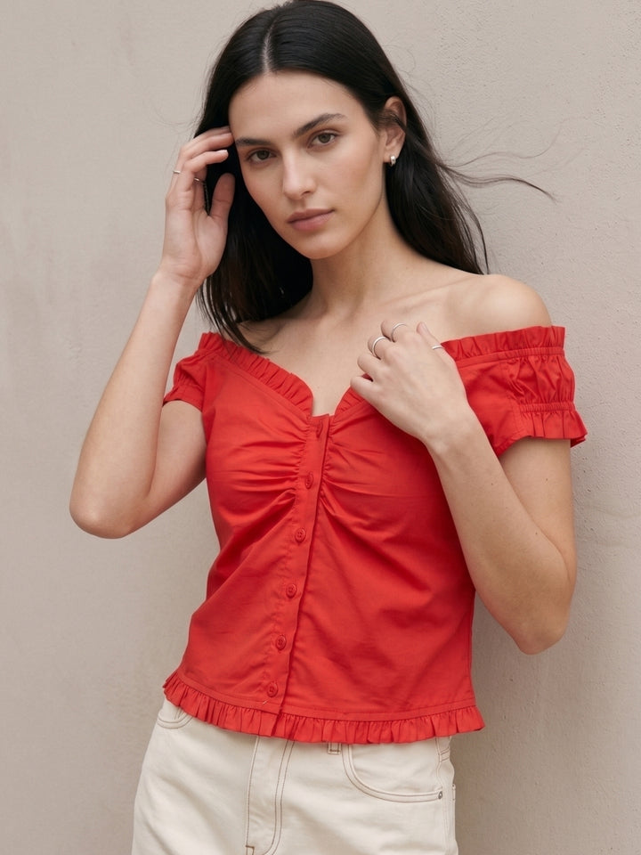 Red Off Shoulder Frill Details Blouse