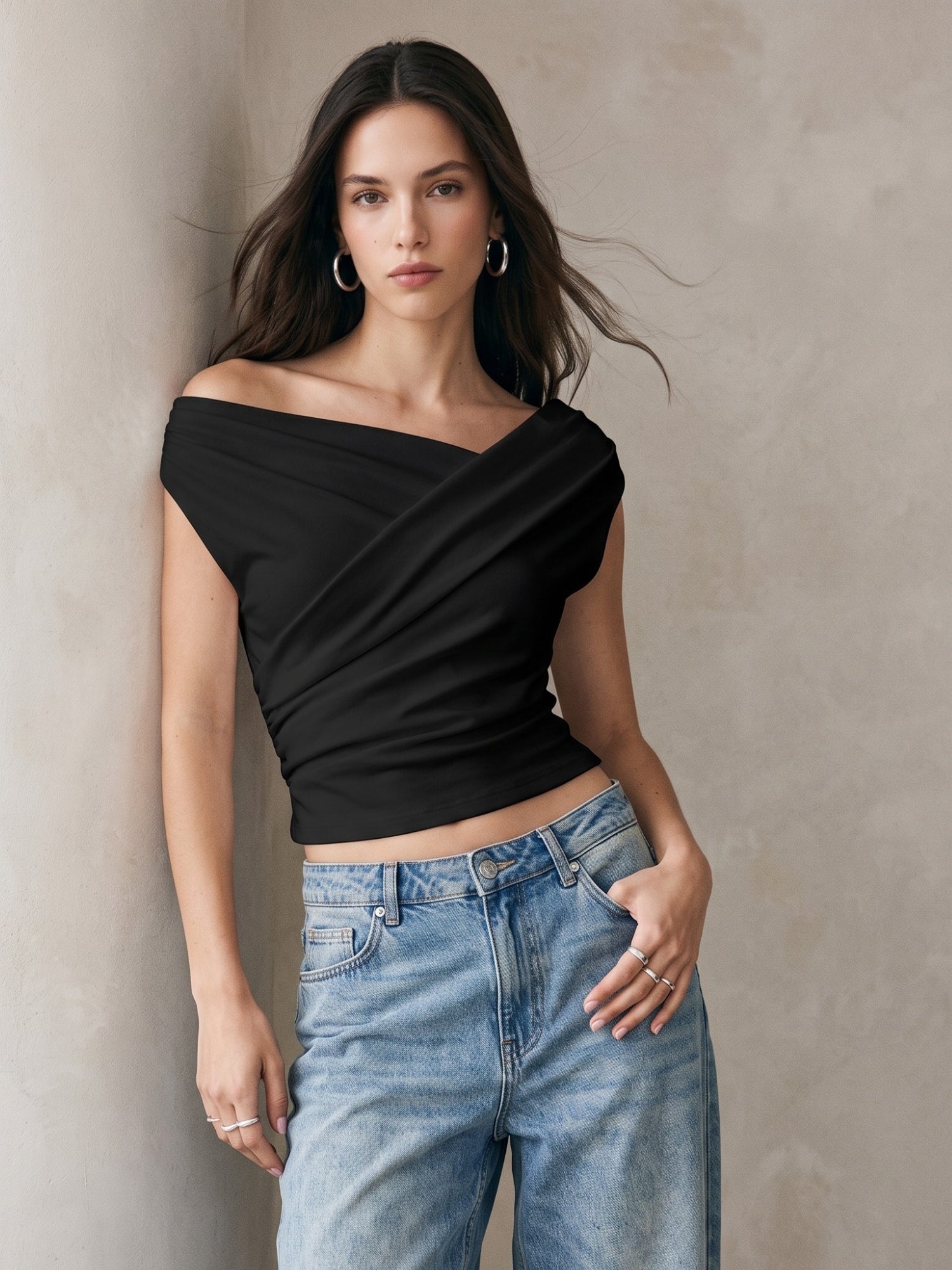 Black One Shoulder Wrap Top