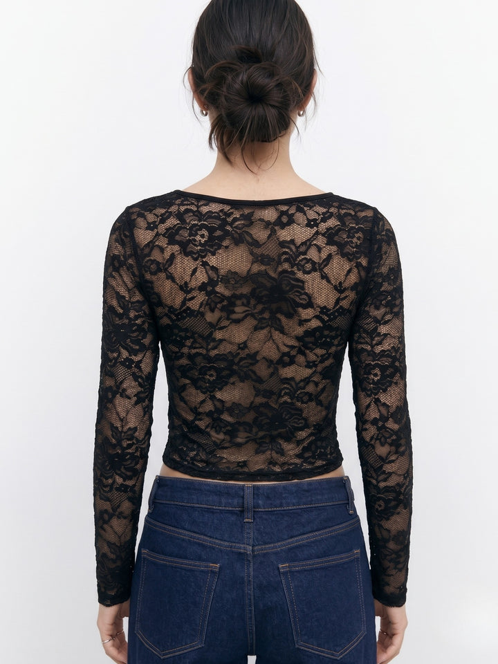 Black V Neck Sheer Lace Sleeved Top