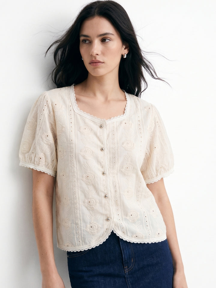 Cream Textured Lace Detail Front Buttoned Top