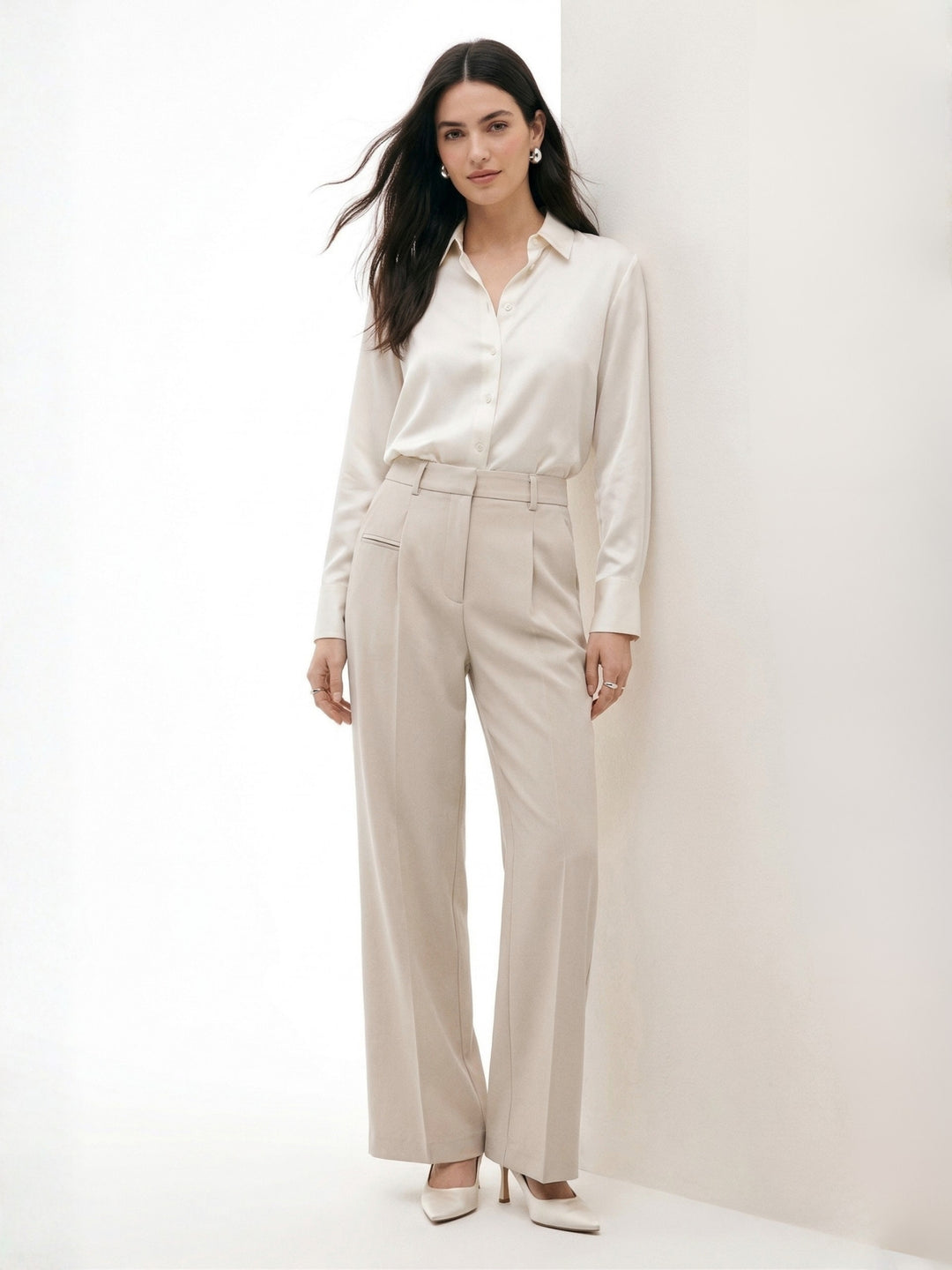 Beige High Waist Front Pleated Pants