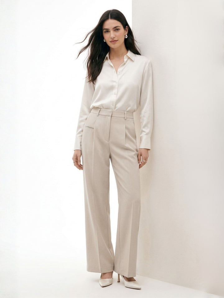 Beige High Waist Front Pleated Pants