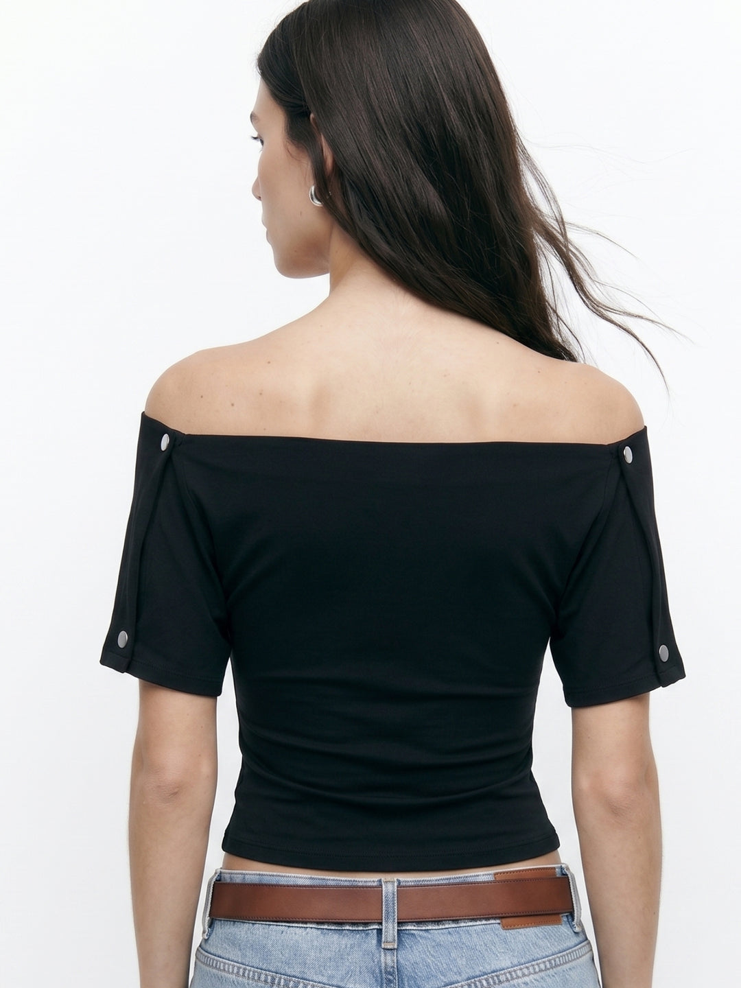 Black Short Sleeve Cowl Neck Front Buttoned Top