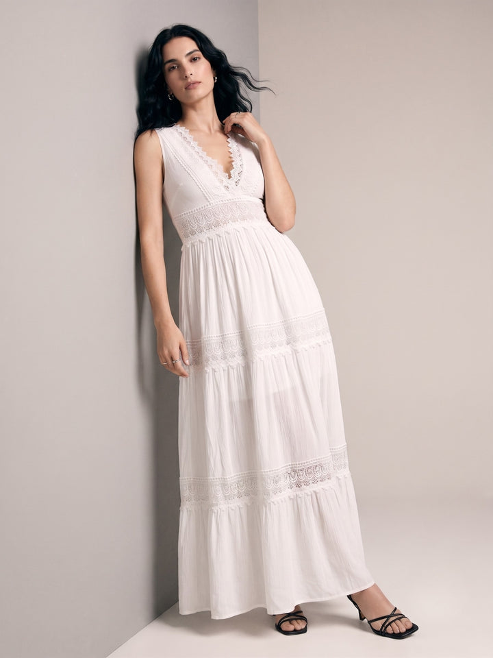 White Plunge Neck Lace Inserts Dress
