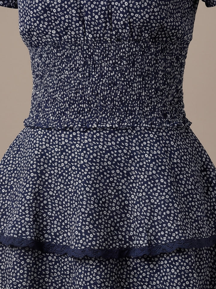 Multi Floral V-Neck Crop Top And Tiered Ruffle Mini Set