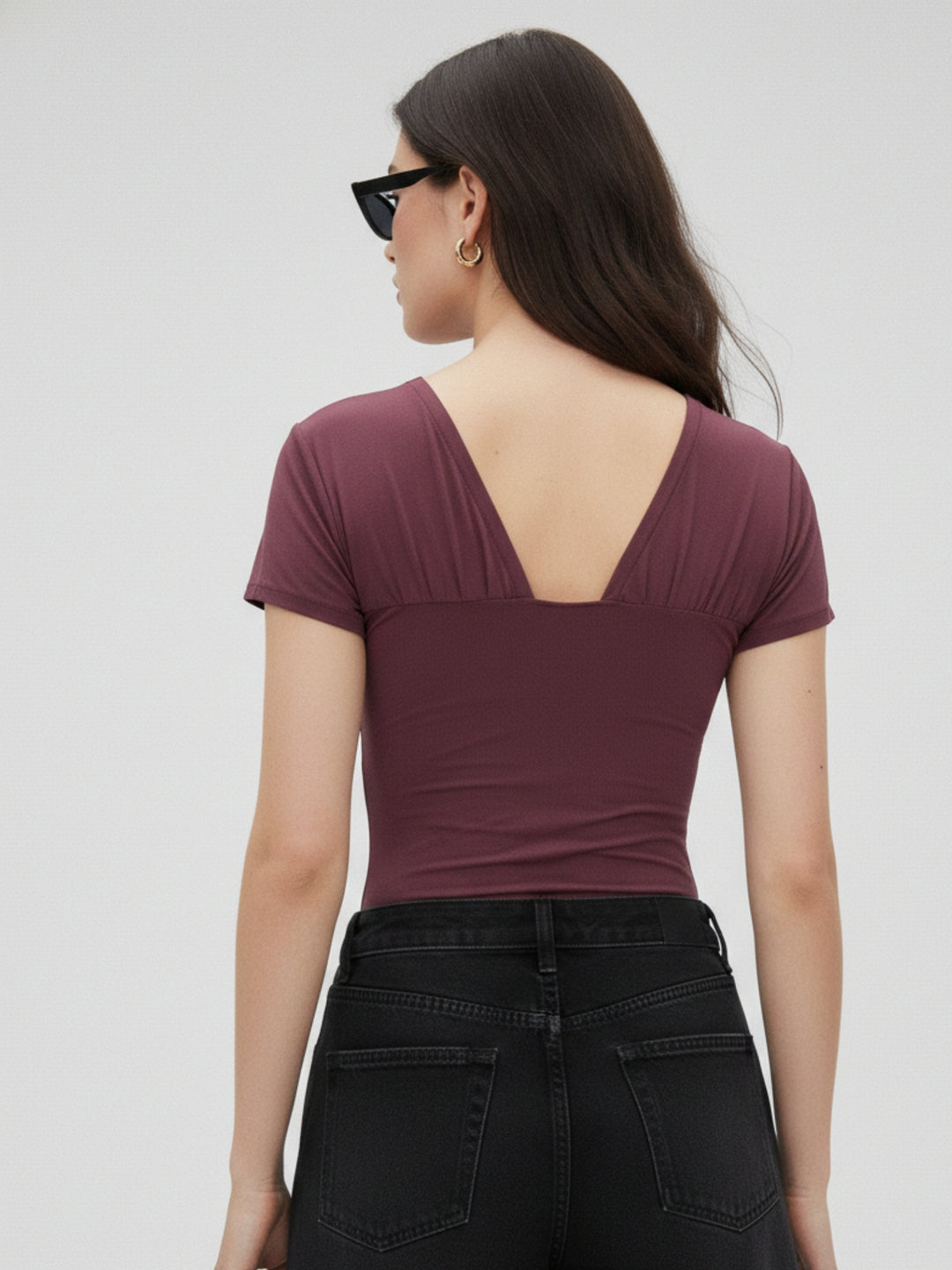 Wine Plunge Neck Top With Metal Buckle Detailing