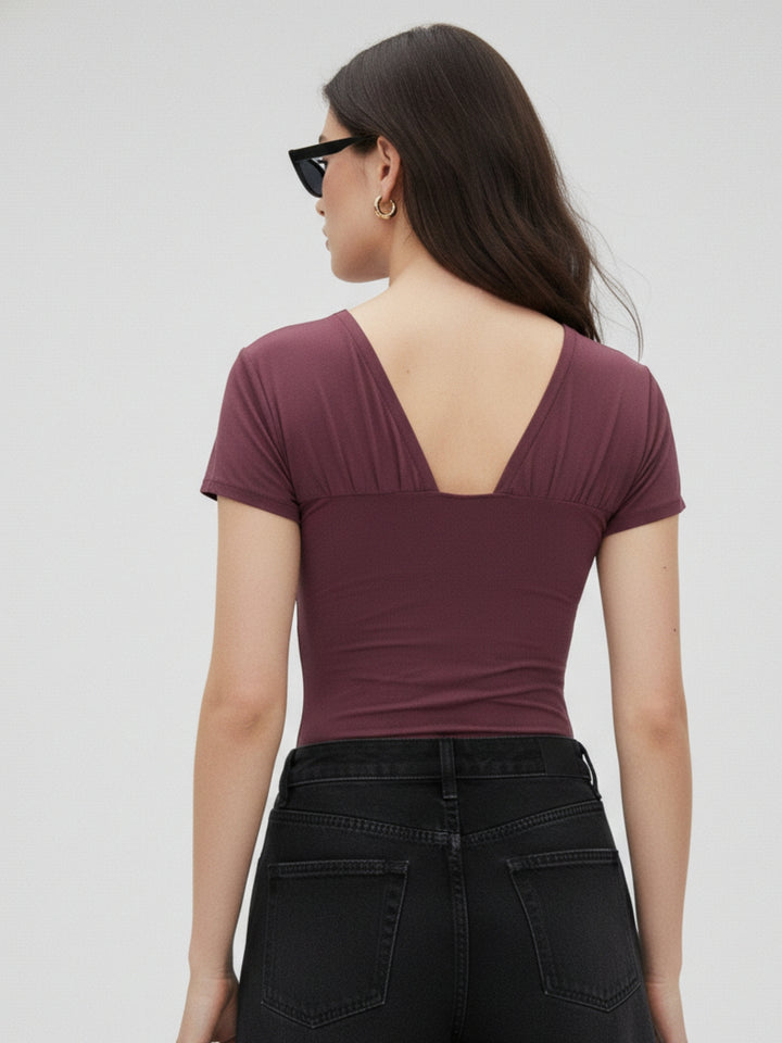 Wine Plunge Neck Top With Metal Buckle Detailing