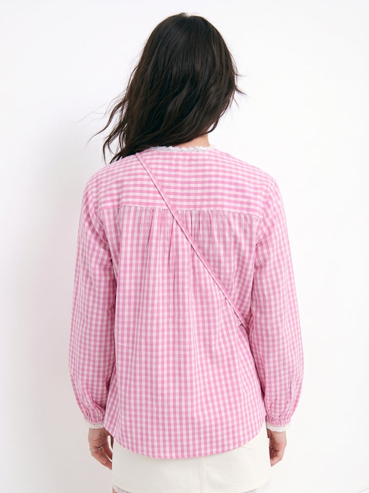Pink Relaxed Fit Lace Detailed Ghingham Check Cotton Blouse With Self Fabric Bag