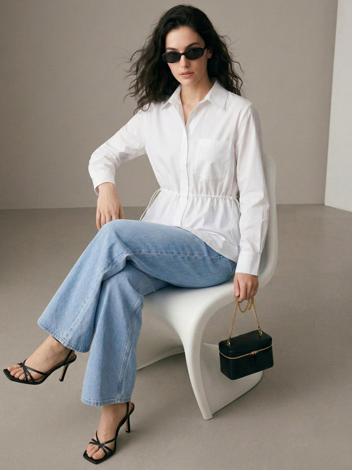Off White Waist Tie Cotton Shirt