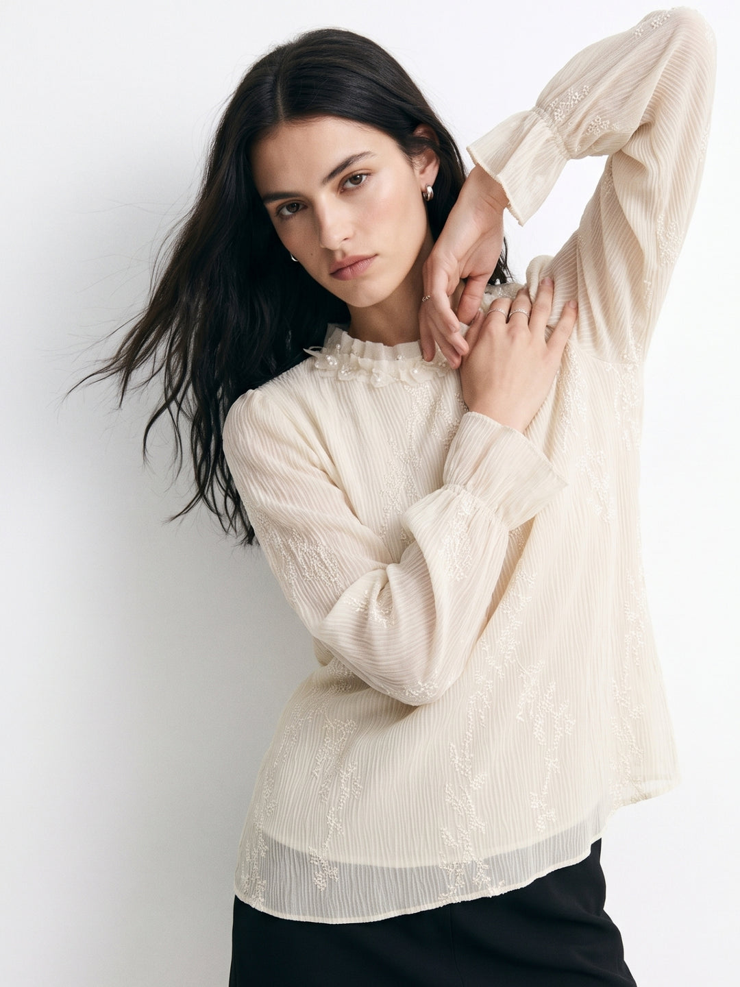 Off White High Neck Floral Lace Top With Sheer Sleeves