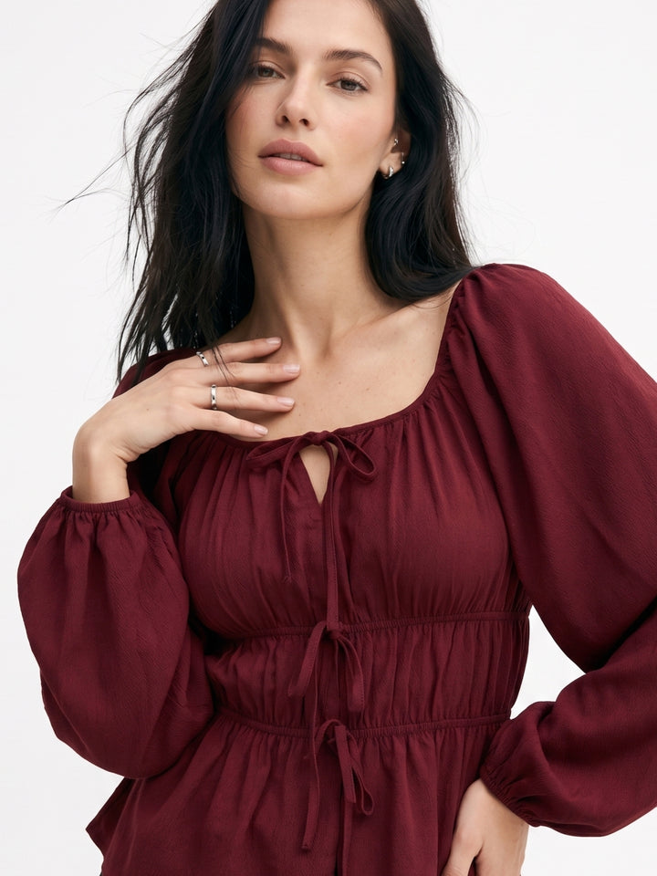 Maroon Regular Fit Square Neckline Long Sleeve Blouse With Bow Tie Detail In Textured Rivera Cerepe Fabric