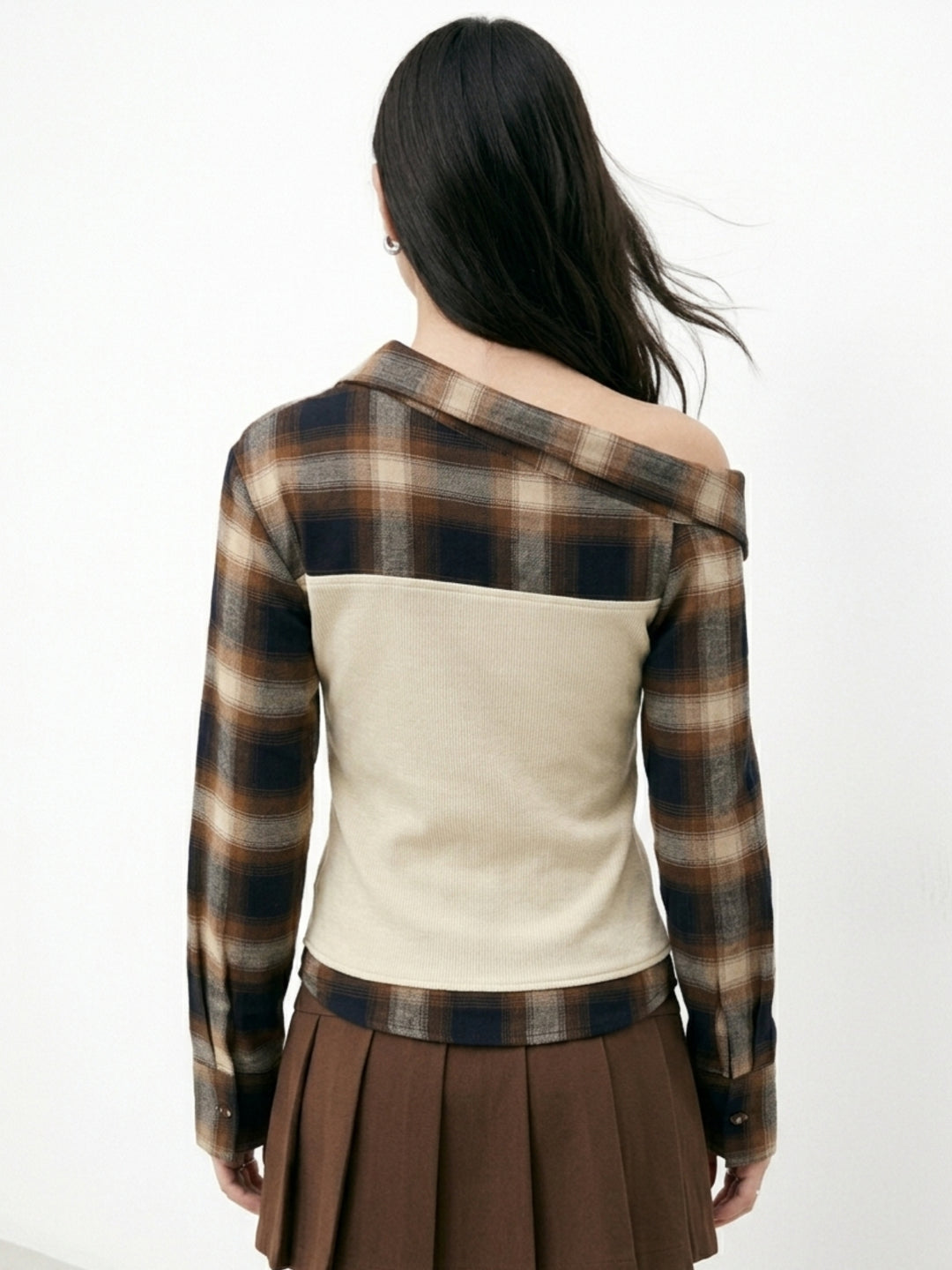 Beige Ribbed Tube Top With Checkered Off-Shoulder Style