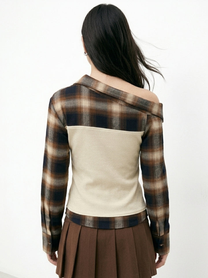 Beige Ribbed Tube Top With Checkered Off-Shoulder Style