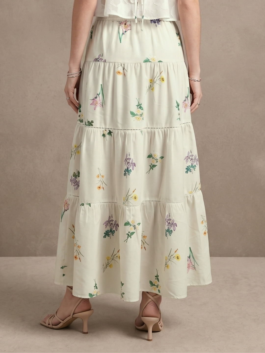 White Floral Print Tired Cotton Skirt With Lace Detail