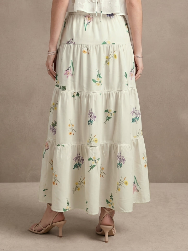 White Floral Print Tired Cotton Skirt With Lace Detail