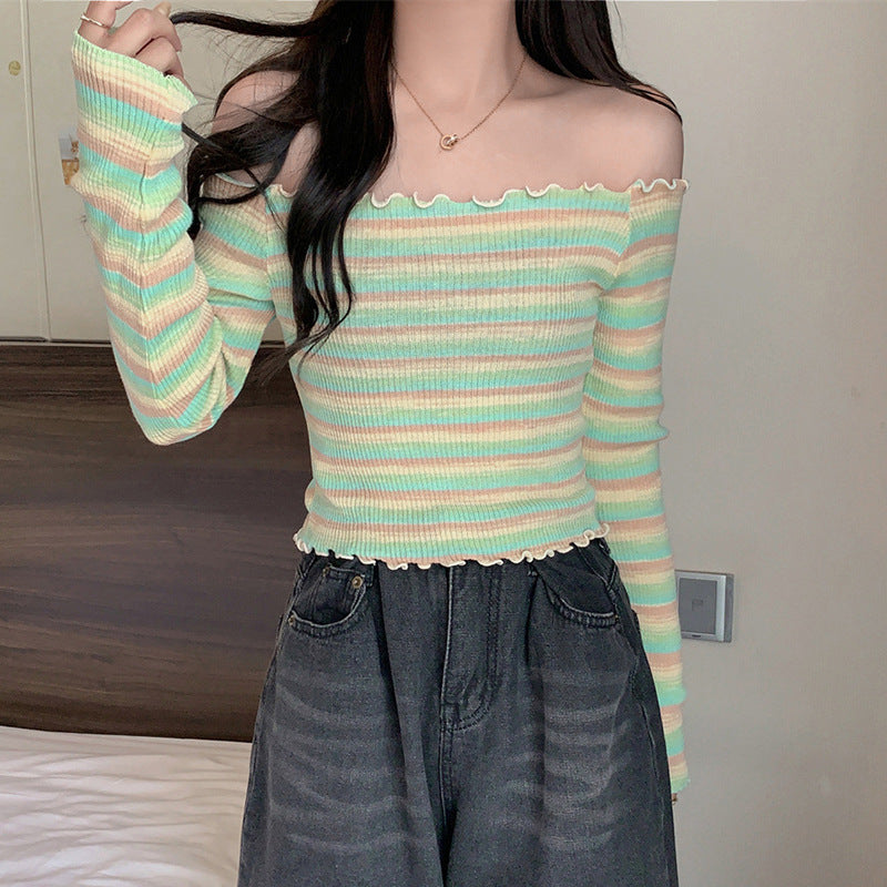 Green Stripes Scallop Hem Top