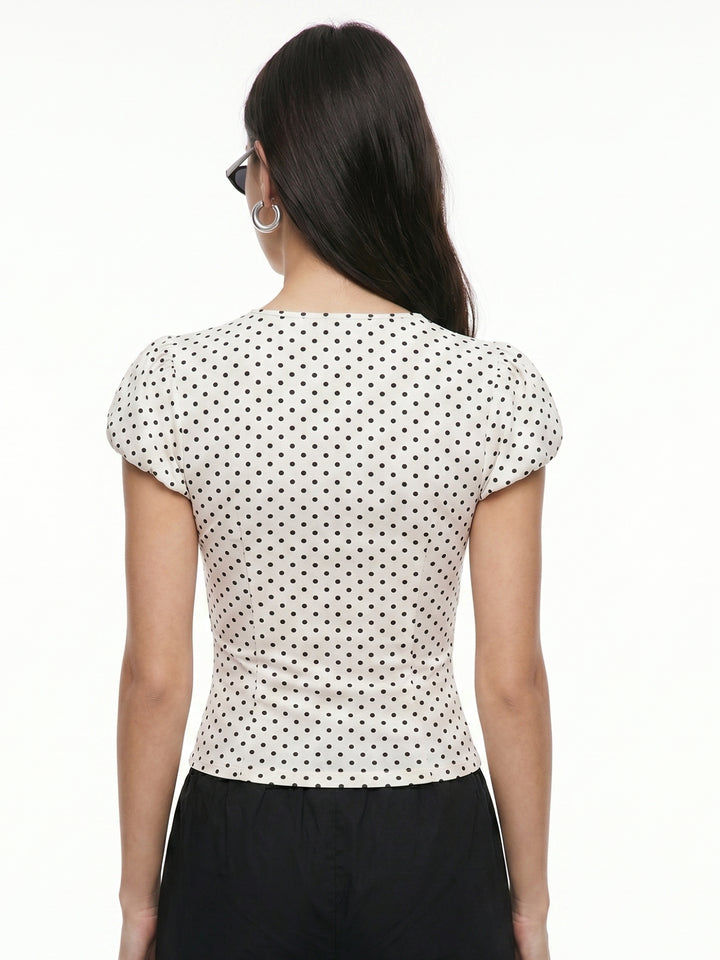White V Neck Polka Printed Top
