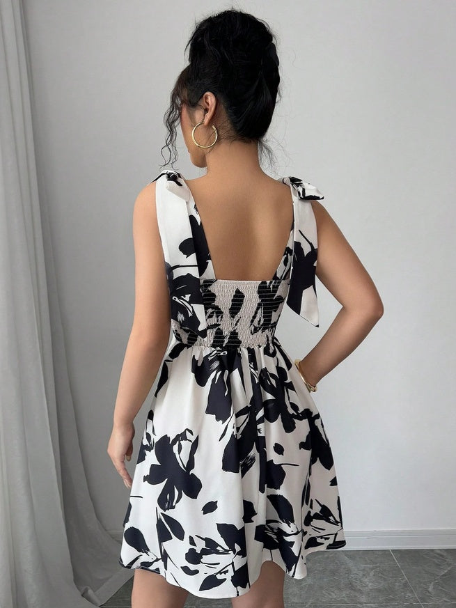 Black Shoulder Tie Up Waist Fitted Dress