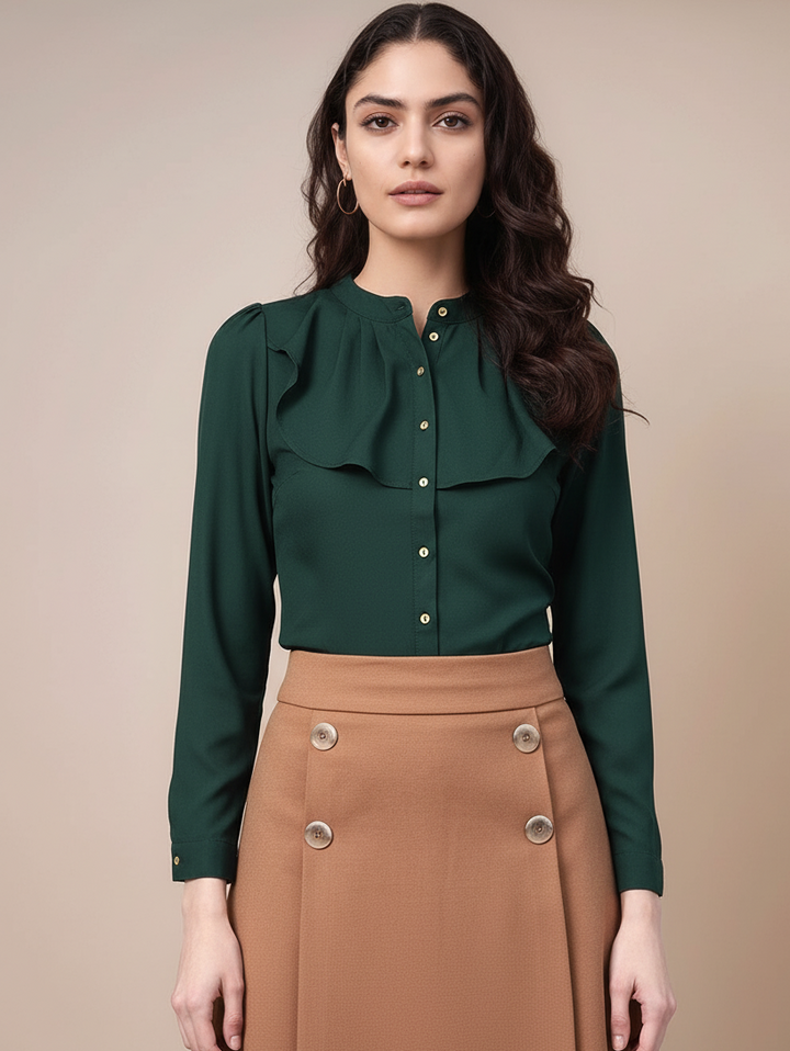 Green Full Sleeve Ruffle Neck Top