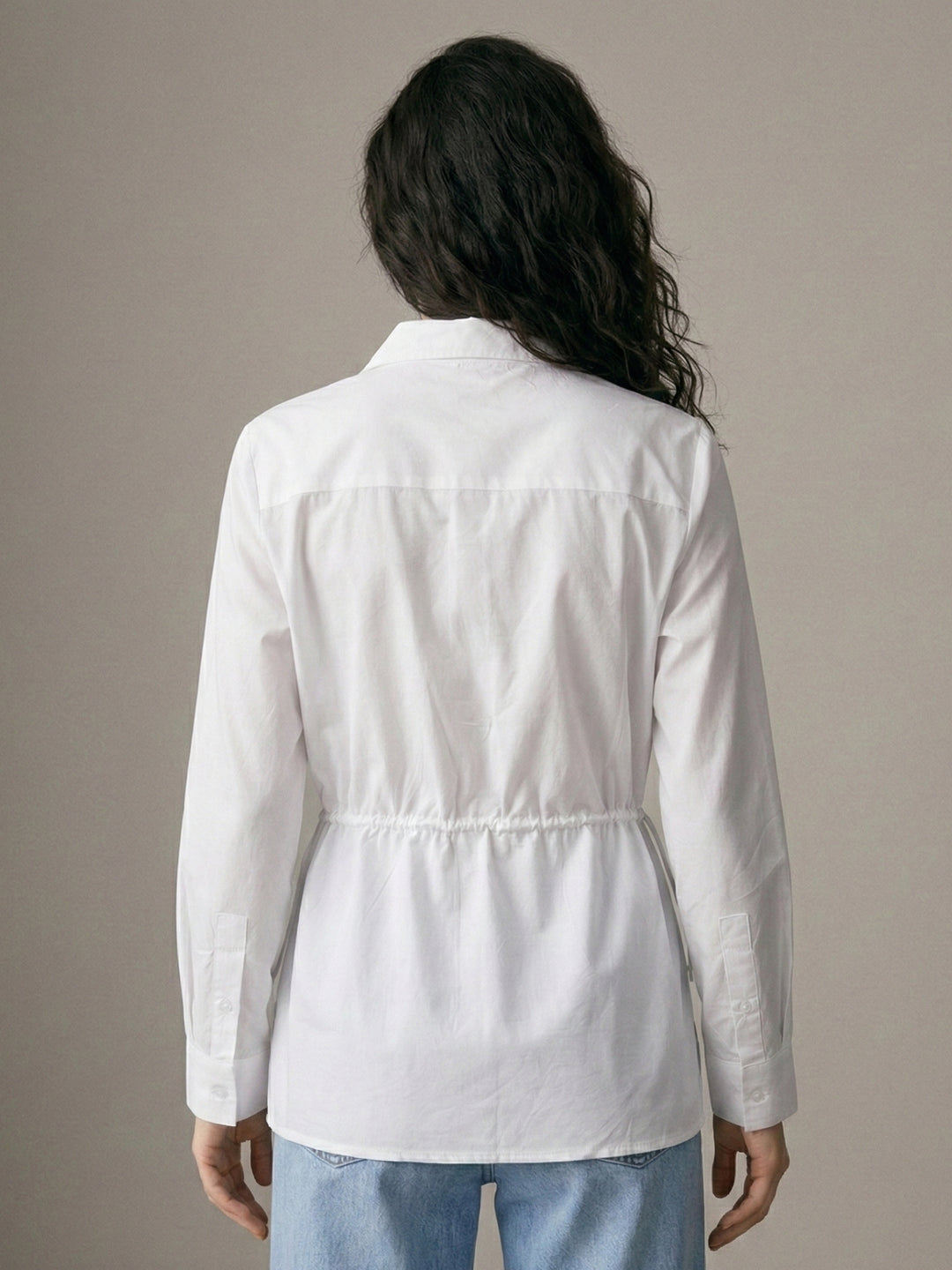 Off White Waist Tie Cotton Shirt