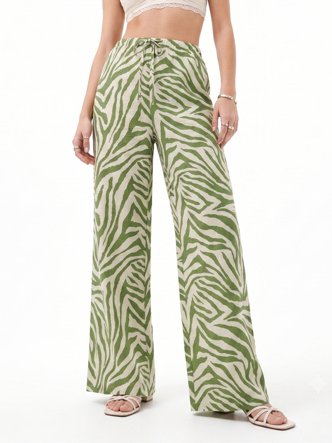 Green Animal Printed Wide Leg Trousers