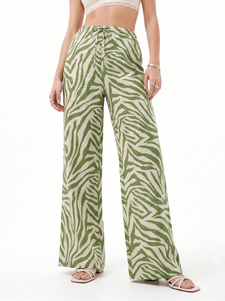 Green Animal Printed Wide Leg Trousers