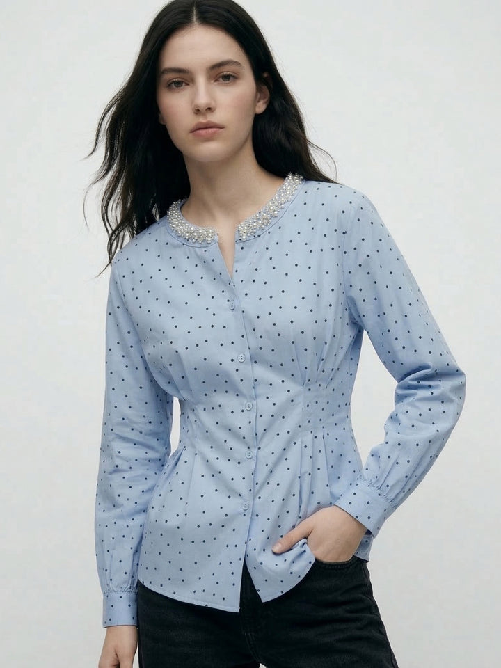 Light Blue Waist Fitted Stone Studded Top