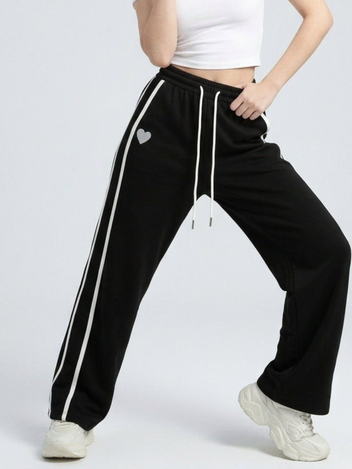 Solid Black Stripped Wide Leg Sweatpants