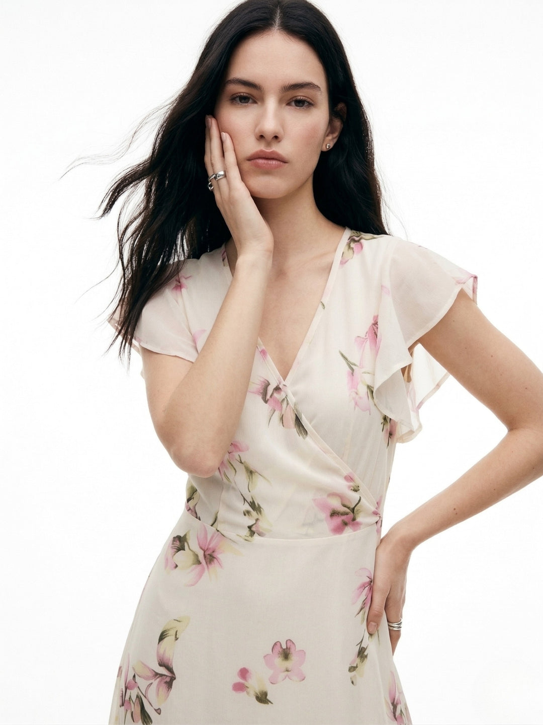 White Flutter Sleeved Printed Midi