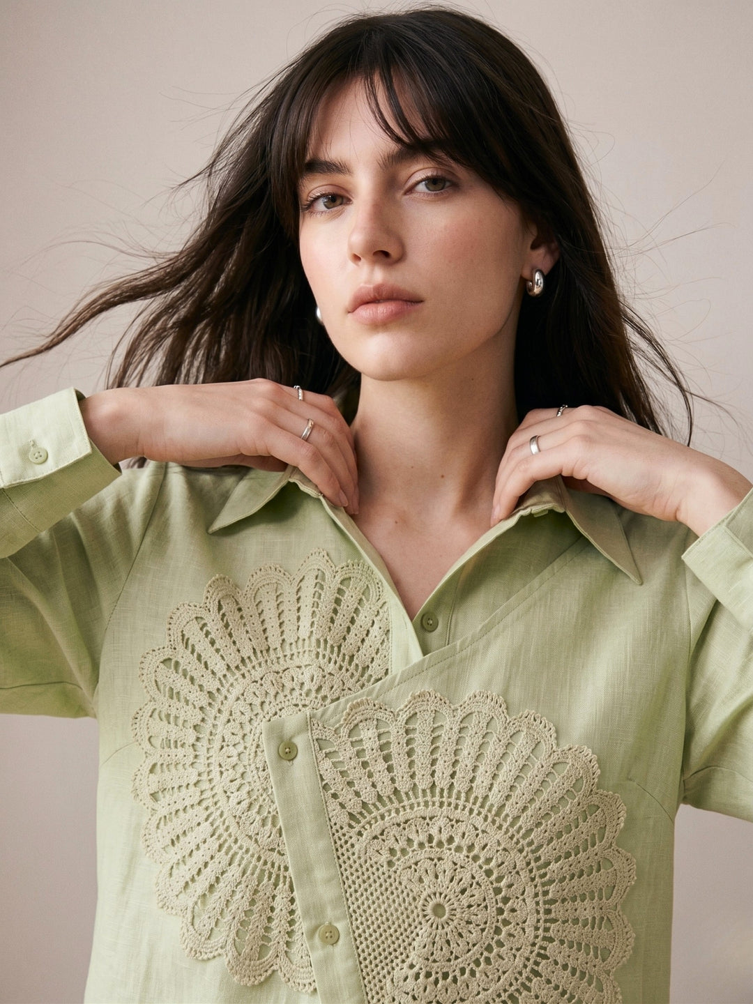 Sea Green Relaxed Fit Shirt With Assymetric Center Front And Lace Patch Detail