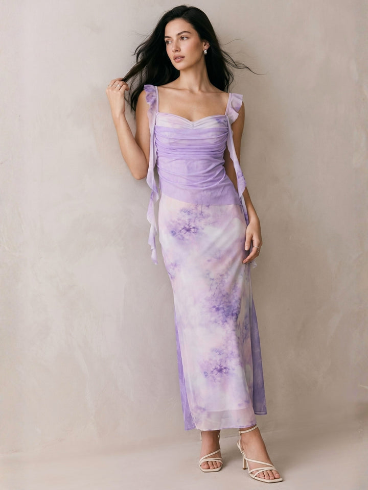 Lavender Cowl Neck Floral Printed Mesh Dress