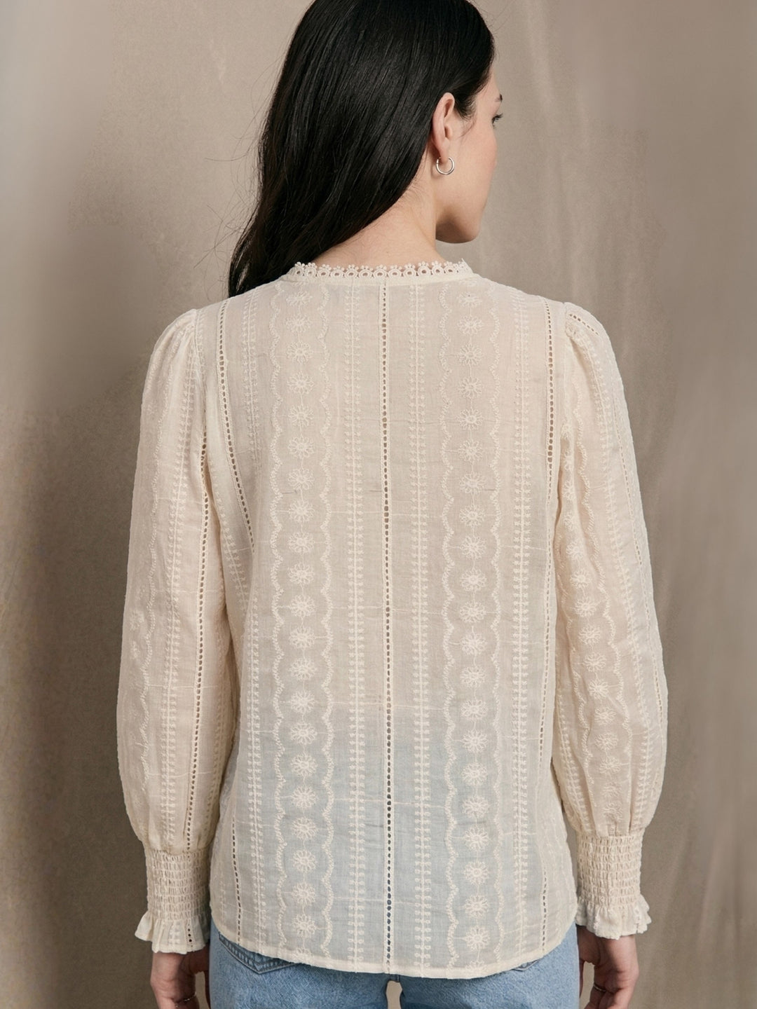 Cream Scallop Lace Neck Inserts Relaxed Blouson Top