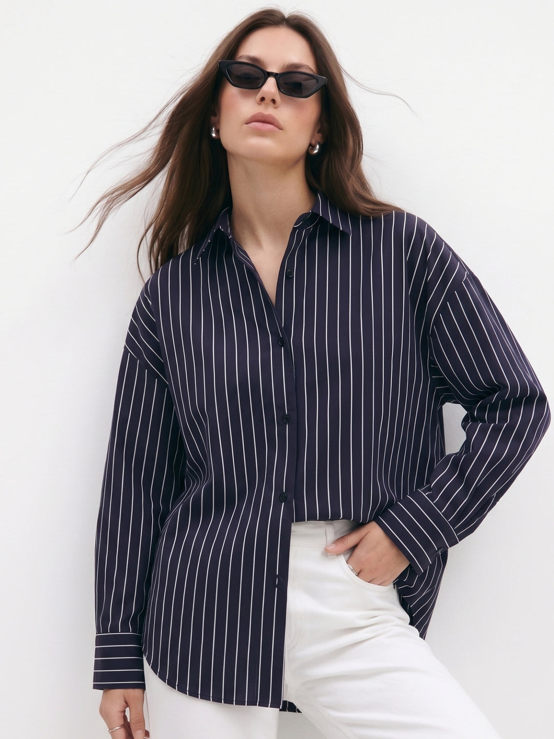 Navy Blue Srtiped Relaxed Shirt