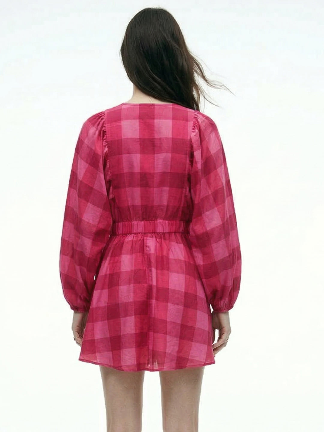 Pink Plunge Neck Bold Checkered Mini Dress