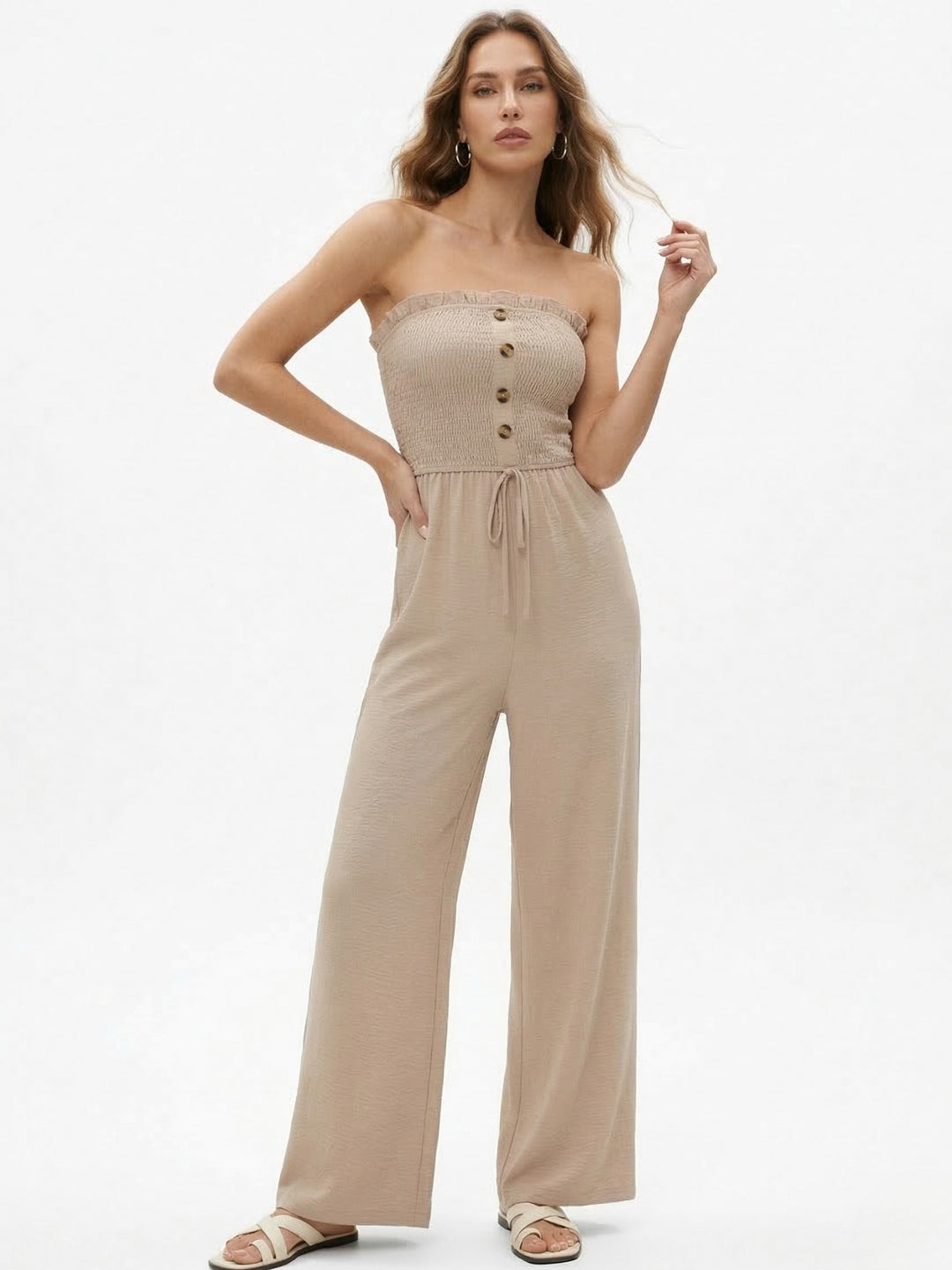 Peach Tube Front Buttoned Solid Jumpsuit