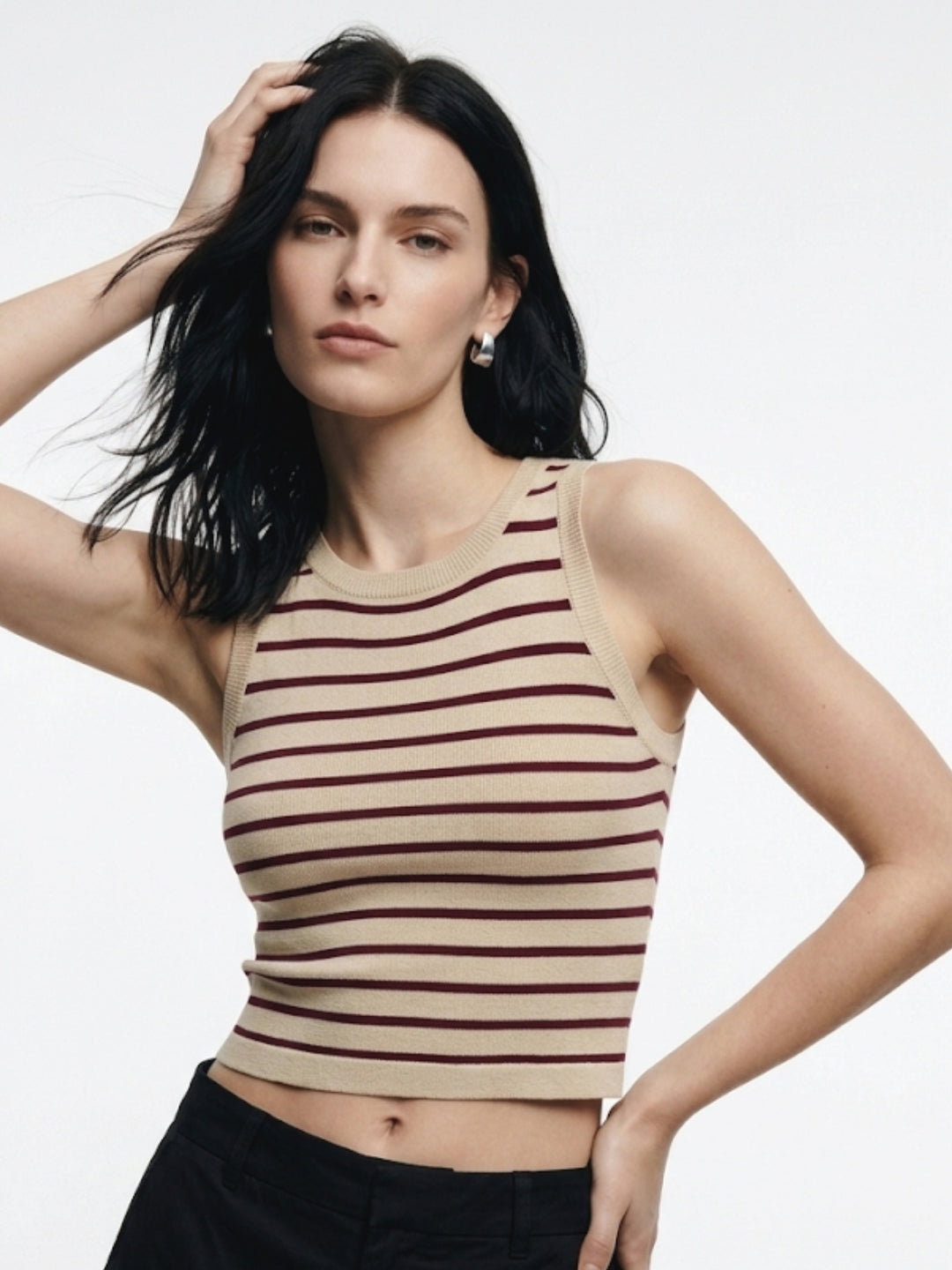 Beige Sleeveless Striped Tank