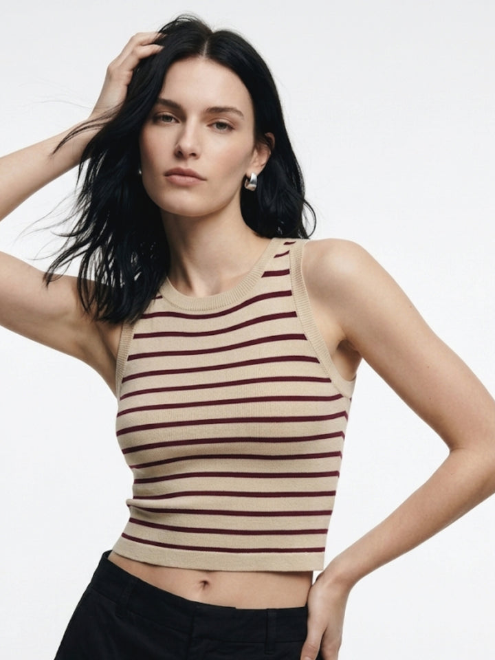 Beige Sleeveless Striped Tank