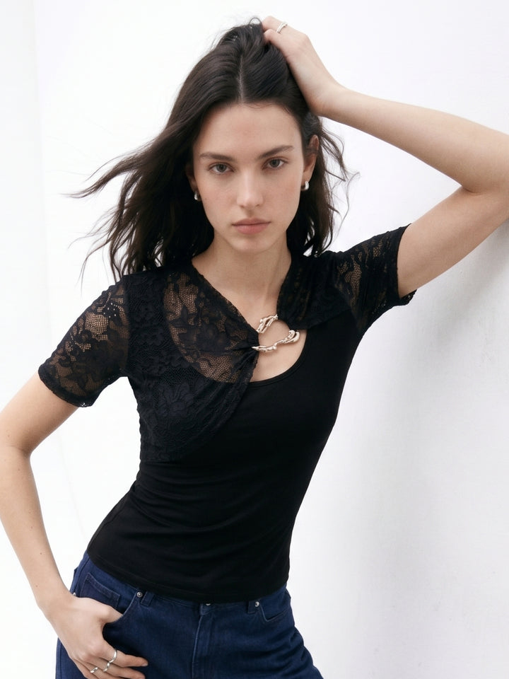 Black Lace Sleeve Buckle Detail Top
